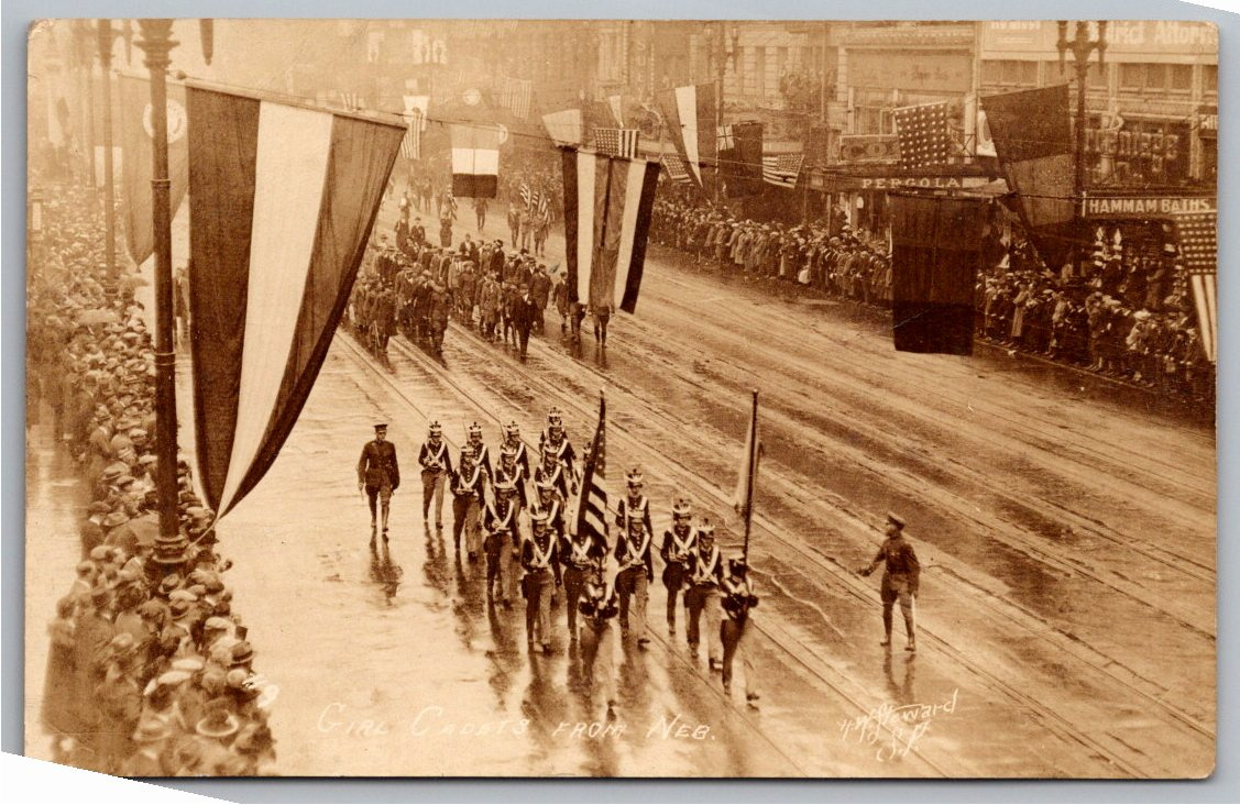 1915 Girl Cadets Parade San Francisco Hammam Baths RPPC Postcard