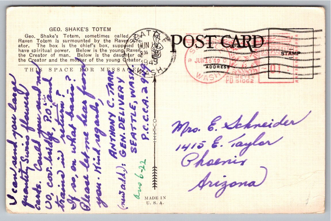 Vintage Chief Shakes Totem Pole Linen Postcard, Wrangell Alaska - Back / Reverse View