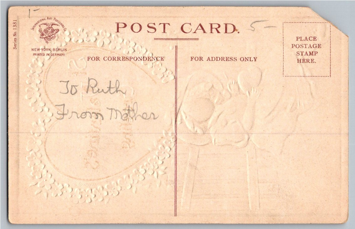 1900s Antique Valentine Postcard Girl with Heart Art Pub 1381 - Back / Reverse View
