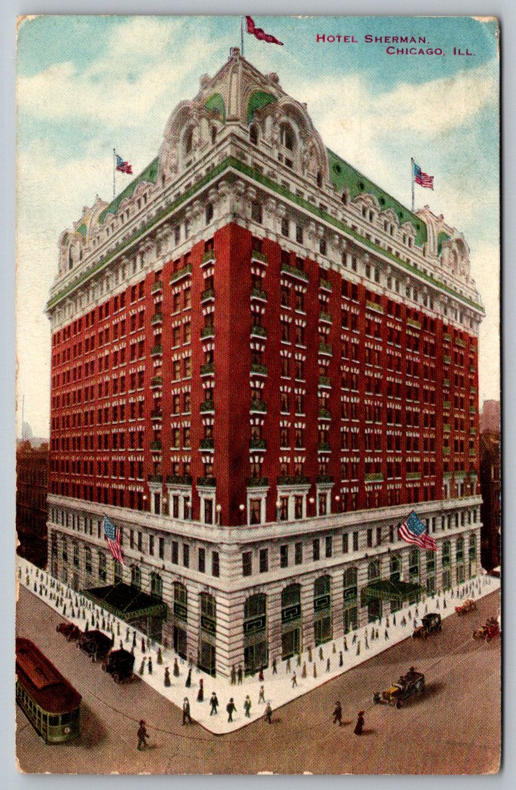 Vintage 1907 Hotel Sherman Chicago Postcard | Streetcars & Autos