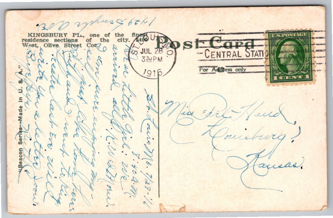 Vintage 1916 Kingsbury Place Gates Postcard St. Louis Missouri - Back / Reverse View