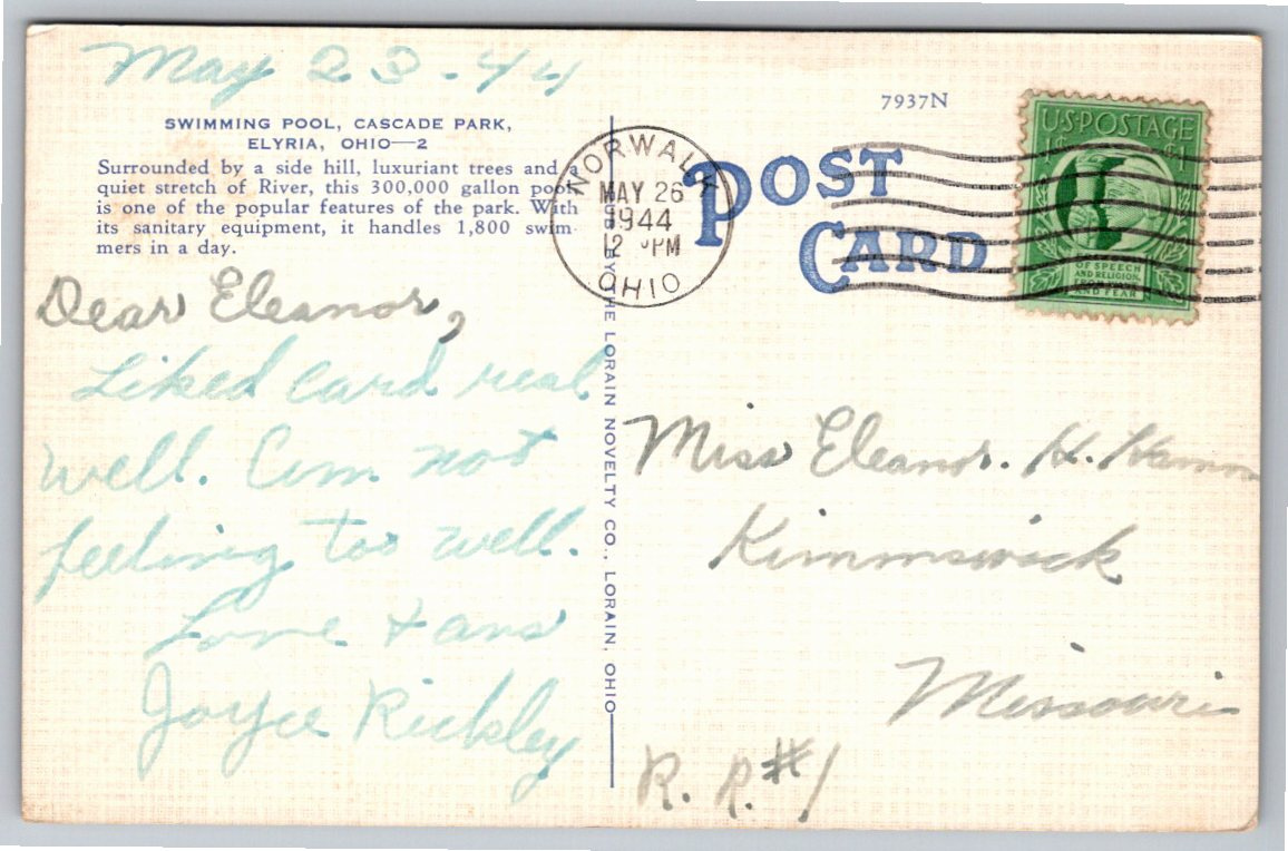 1940s Cascade Park Public Swimming Pool Postcard Elyria Ohio - Back / Reverse View