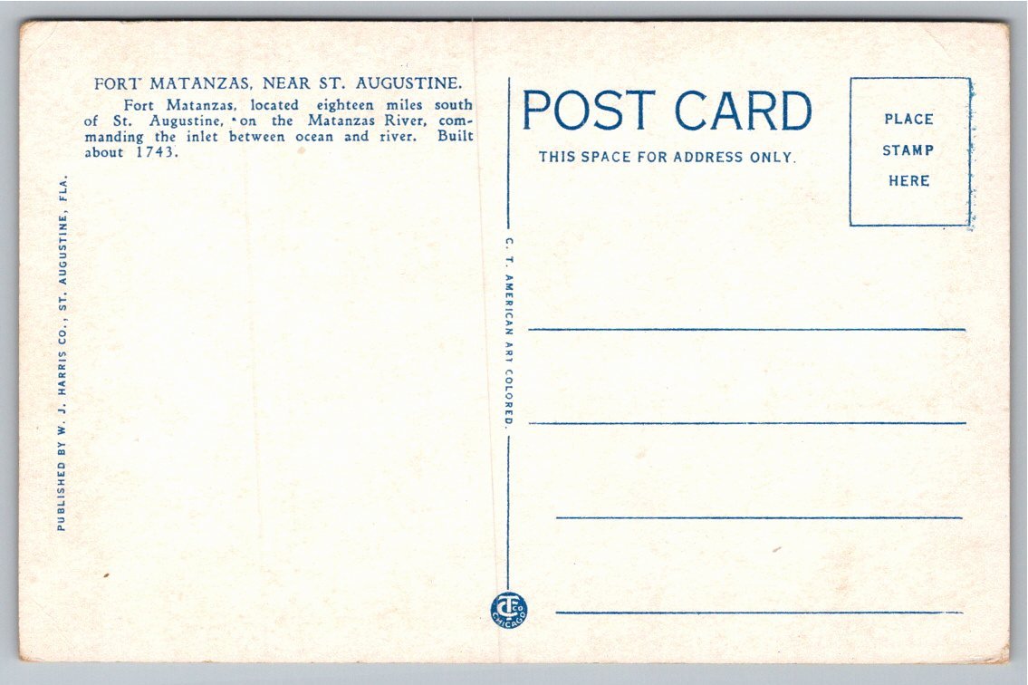 Vintage Fort Matanzas Florida Postcard, Curt Teich American Art - Back / Reverse View