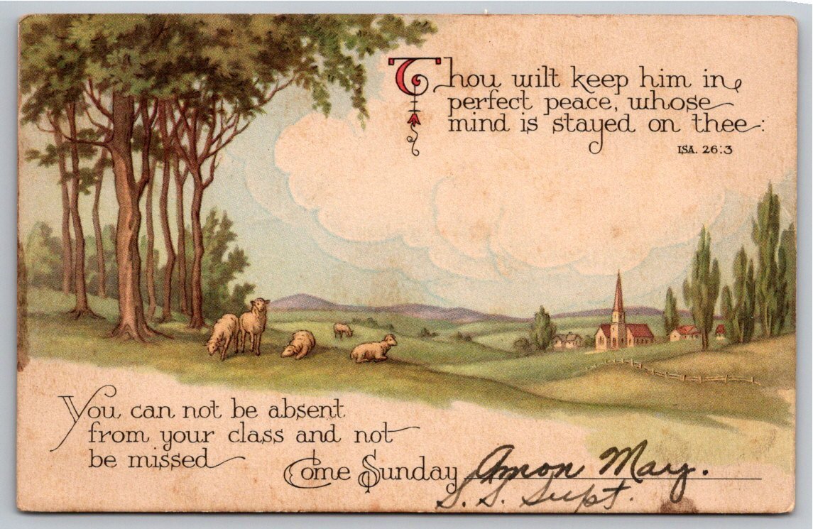 Vintage 1936 Sunday School Invitation Postcard: Isaiah 26:3