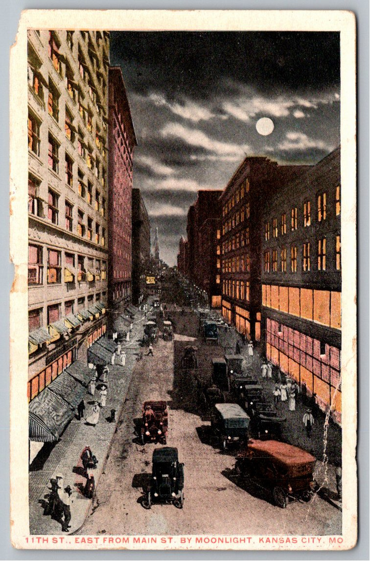 1917 Kansas City MO Night Scene Postcard: 11th & Main St