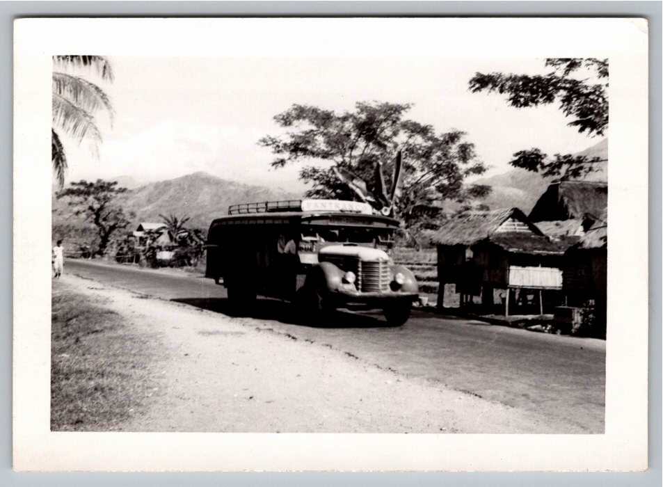 Vintage 1950s Philippines Photo: Pantranco Bus & Rural Nipa Hut