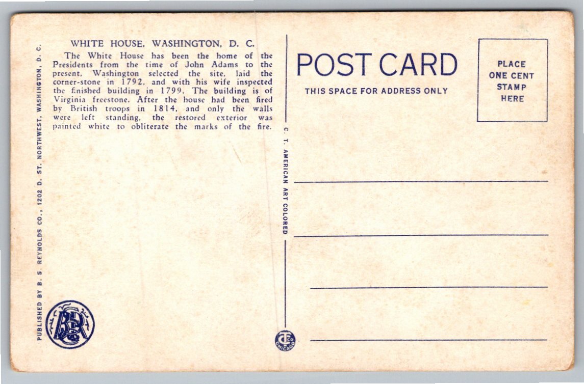 Vintage White House Washington DC Postcard | Curt Teich & BS - Back / Reverse View