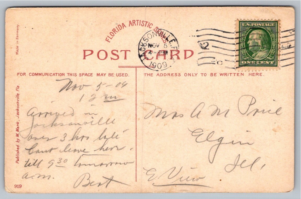 Vintage 1909 Jacksonville Florida Palms Postcard M. Mark Series - Back / Reverse View