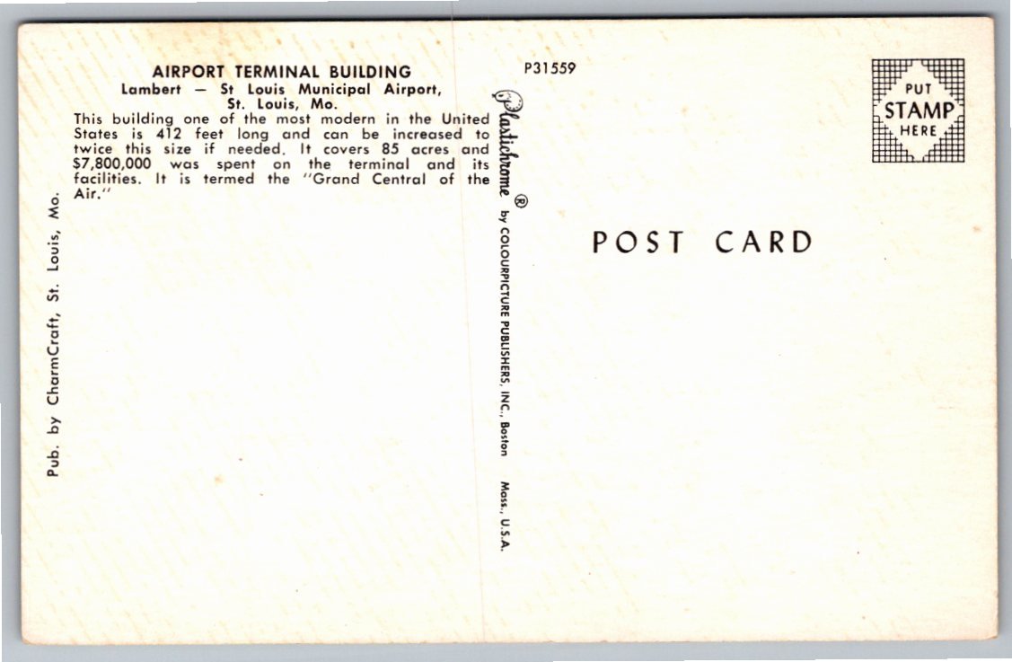 Vintage Lambert St. Louis Airport Postcard: Mid-Century - Back / Reverse View