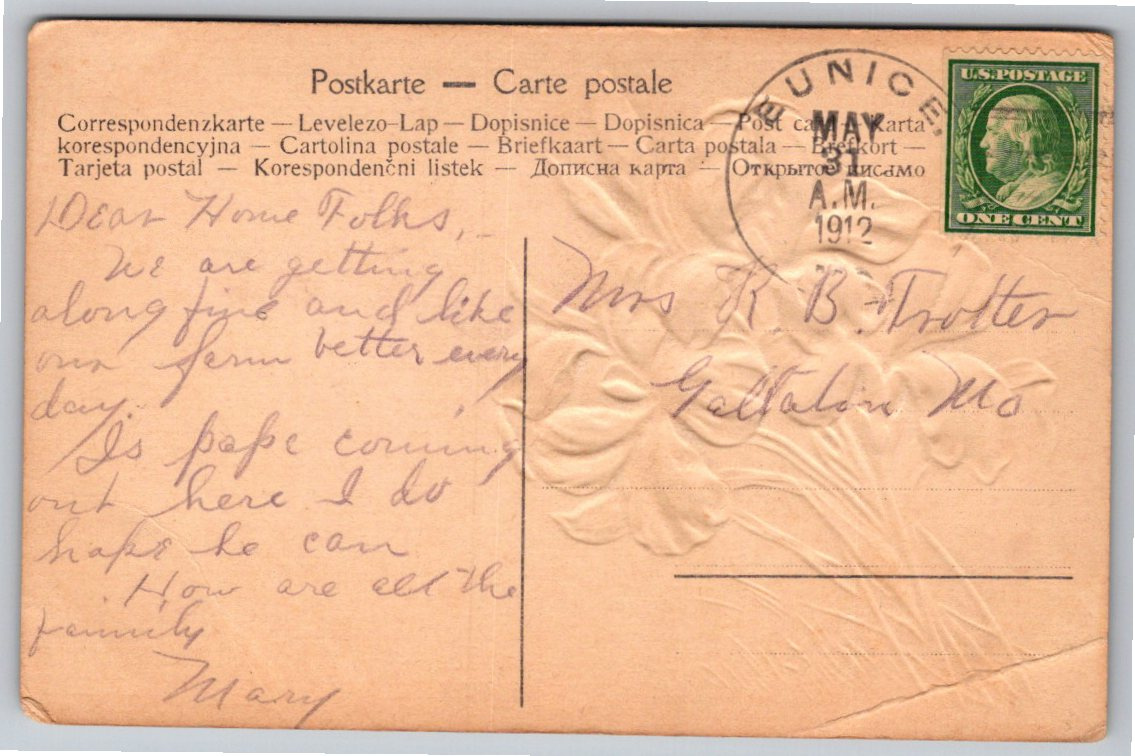 Antique 1912 Embossed Floral Iris Postcard Sent from Eunice - Back / Reverse View
