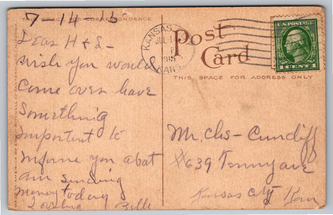 1913 Fresno Courthouse & Fountain Postcard: Edward H. Mitchell - Back / Reverse View