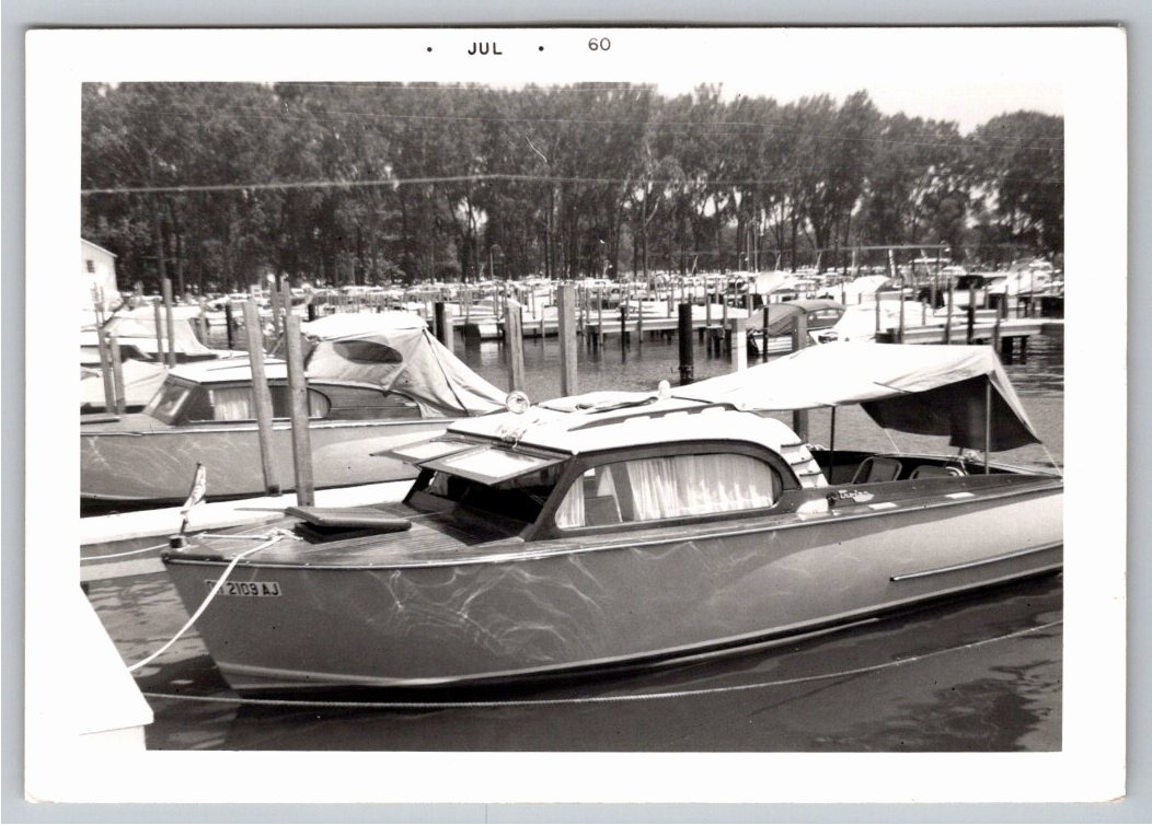 Vintage 1960 Wooden Cabin Cruiser Boat Photo: Mid-Century Marina