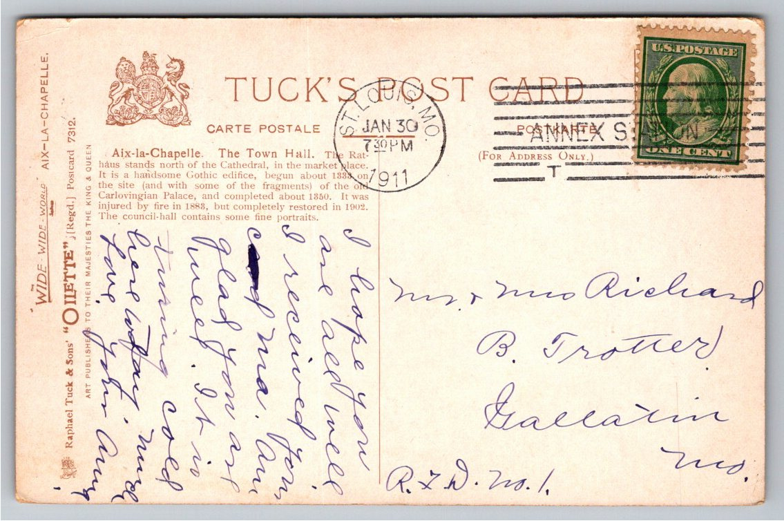 Vintage 1911 Aix-la-Chapelle Aachen Rathaus Tuck Oilette Postcard - Back / Reverse View