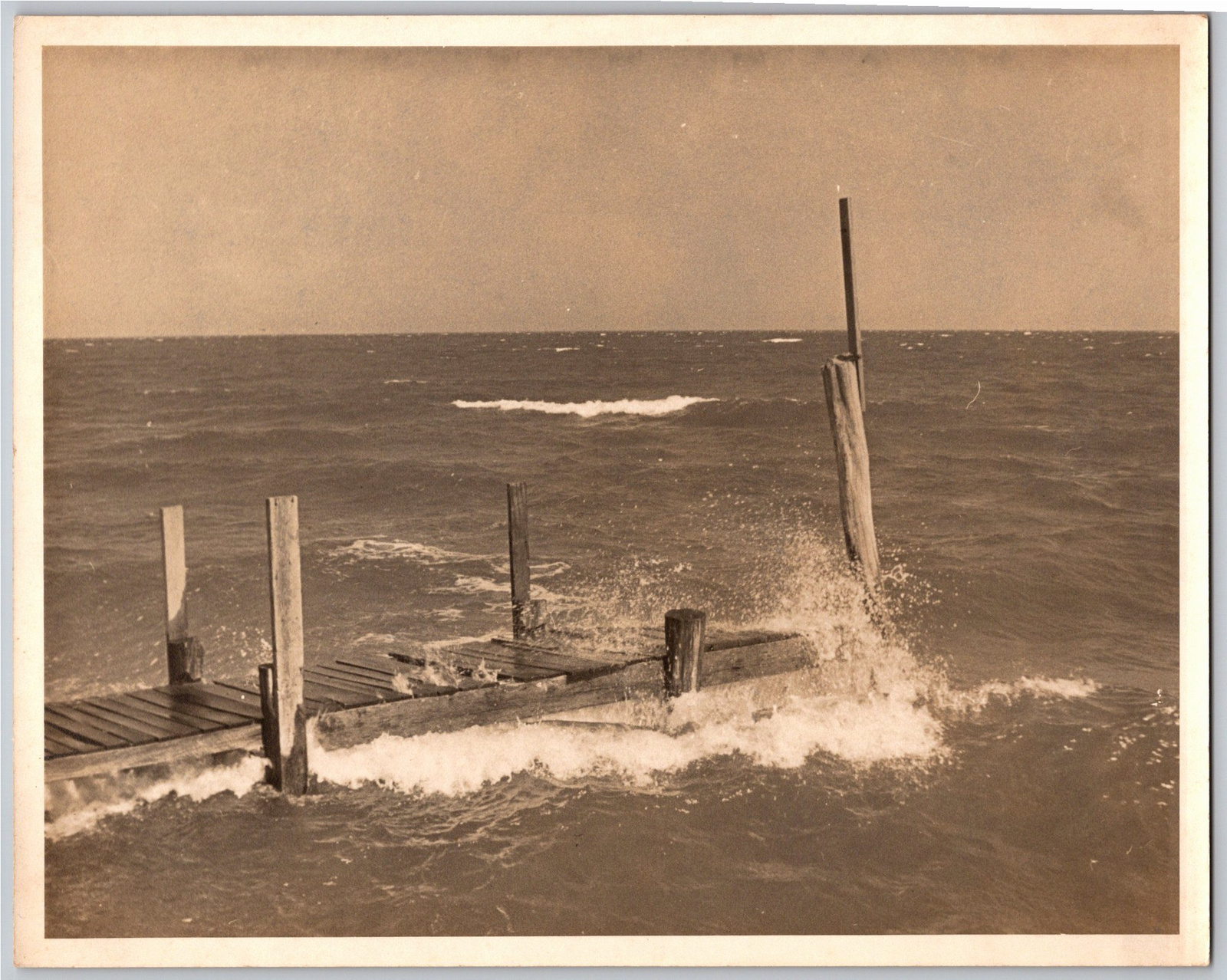 Vintage Large Format Sepia Photo: Ocean Pier & Crashing Waves