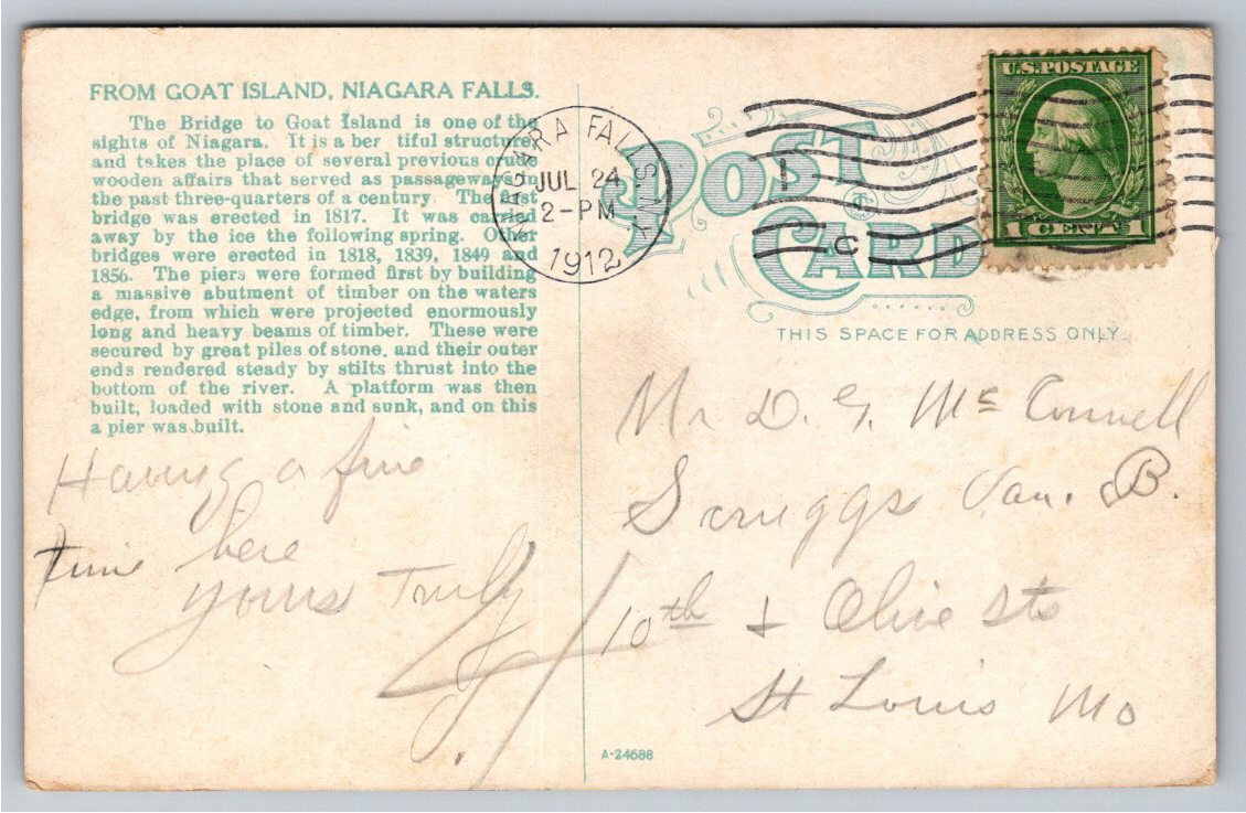 1912 Goat Island Bridge Niagara Falls NY Vintage Color Postcard - Back / Reverse View