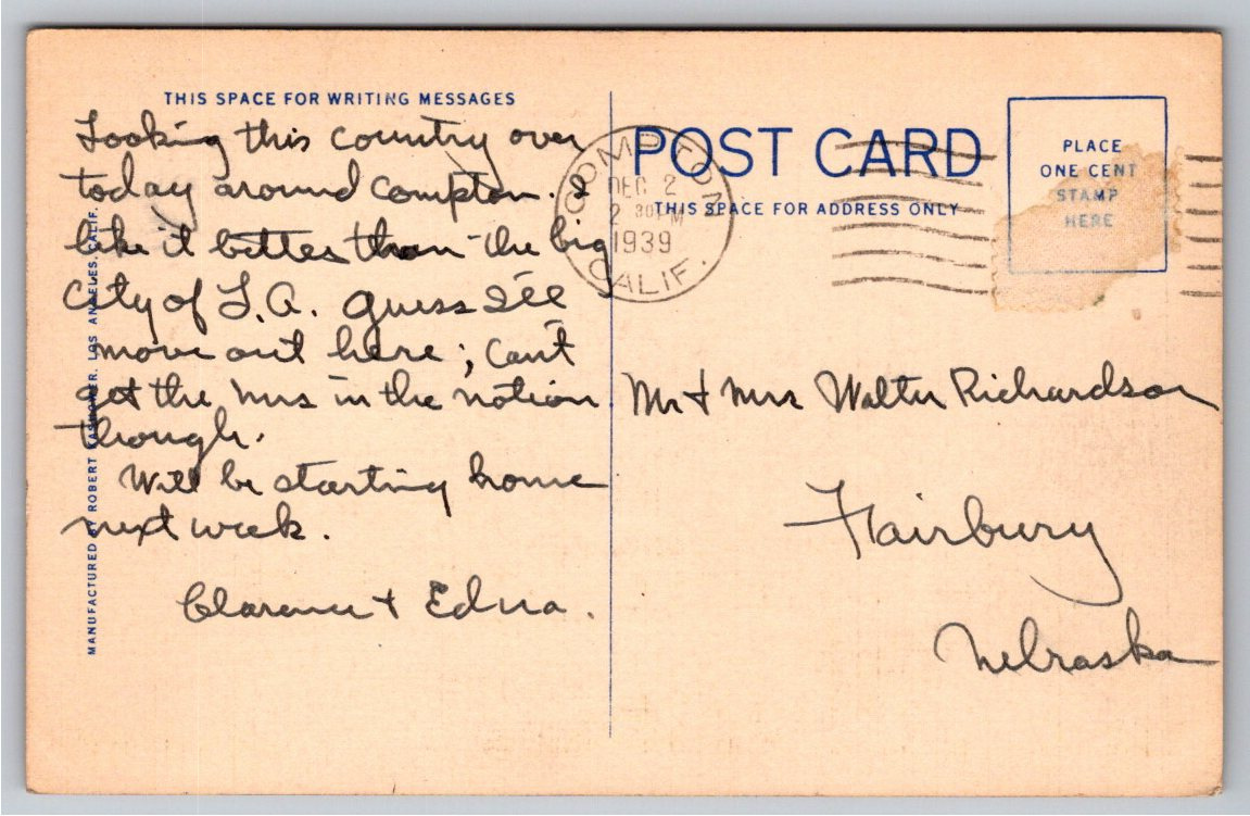 Vintage 1939 Postcard: Los Angeles County General Hospital Art - Back / Reverse View
