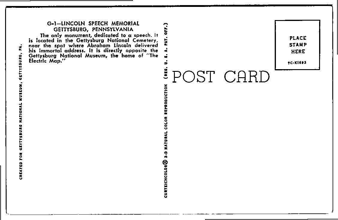 Lincoln Speech Memorial Gettysburg Pennsylvania Vintage Postcard - Back / Reverse View