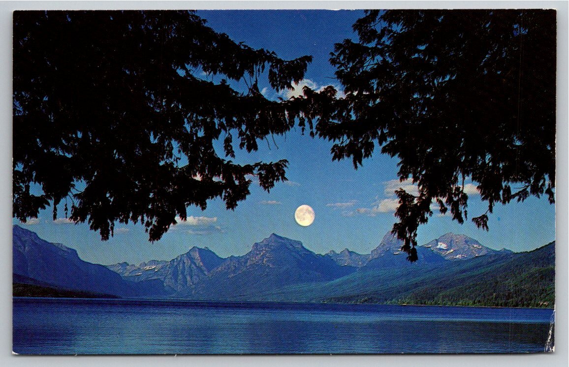 Moon Over Lake McDonald Vintage Glacier National Park Postcard