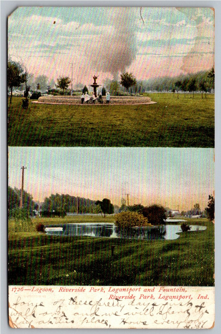 1907 Logansport Indiana Riverside Park Lagoon Fountain Postcard