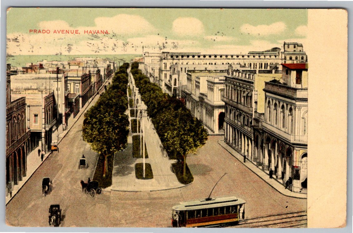 1908 Prado Avenue Havana Cuba Vintage Trolley Streetcar Postcard