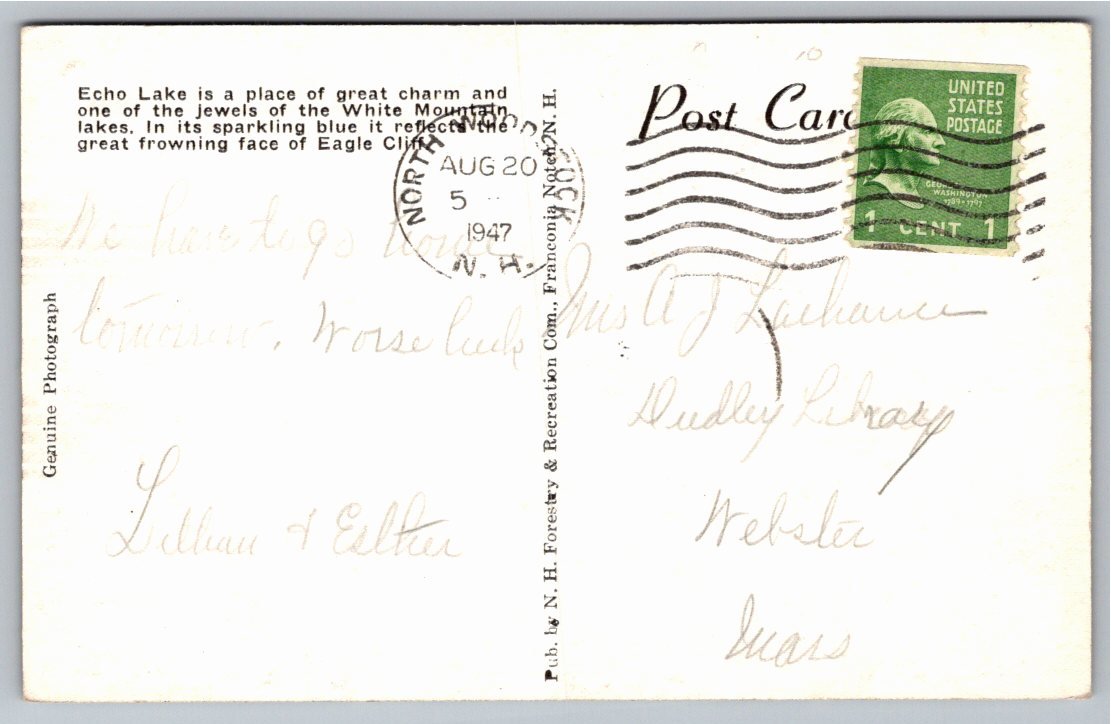 Vintage Echo Lake & Eagle Cliff Postcard: Franconia Notch History - Back / Reverse View