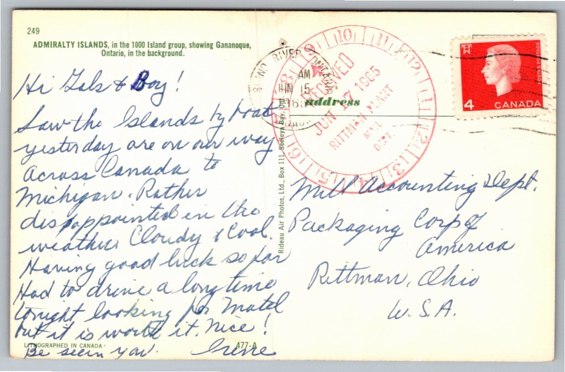 Vintage Postcard: Aerial View of Admiralty Islands, Gananoque - Back / Reverse View