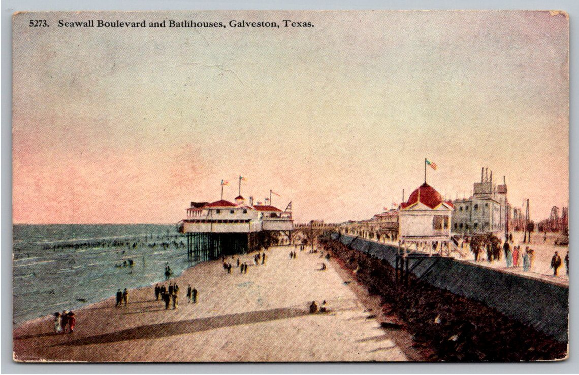 Antique 1900s Galveston Texas Seawall & Bathhouses Color Postcard