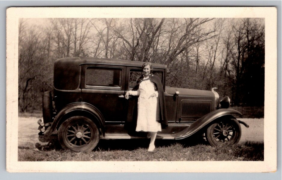 Vintage 1930 Nurse Standing with Willys Whippet Sedan B&W Photo