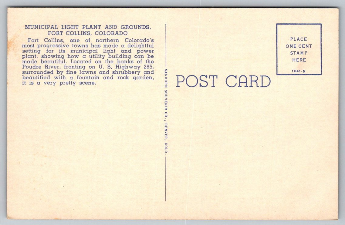 Vintage 1941 Fort Collins Municipal Light Plant Linen Postcard - Back / Reverse View