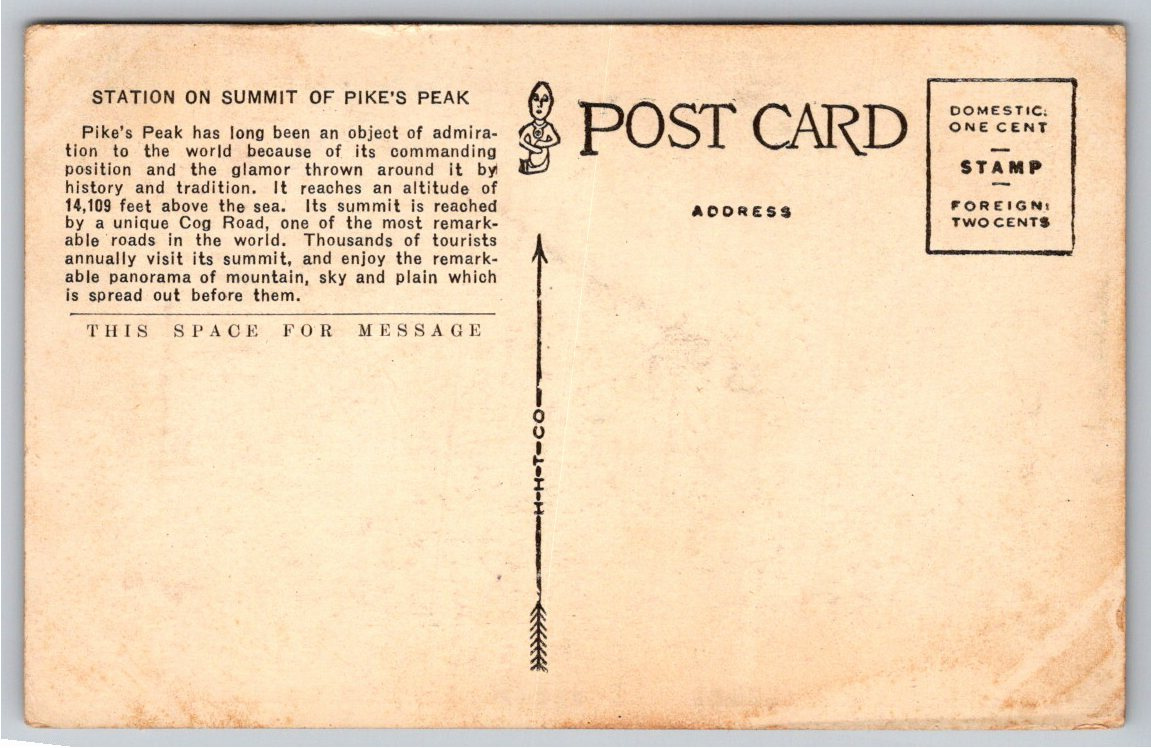 Vintage Pikes Peak Cog Railway Summit Station Colorado Postcard - Back / Reverse View