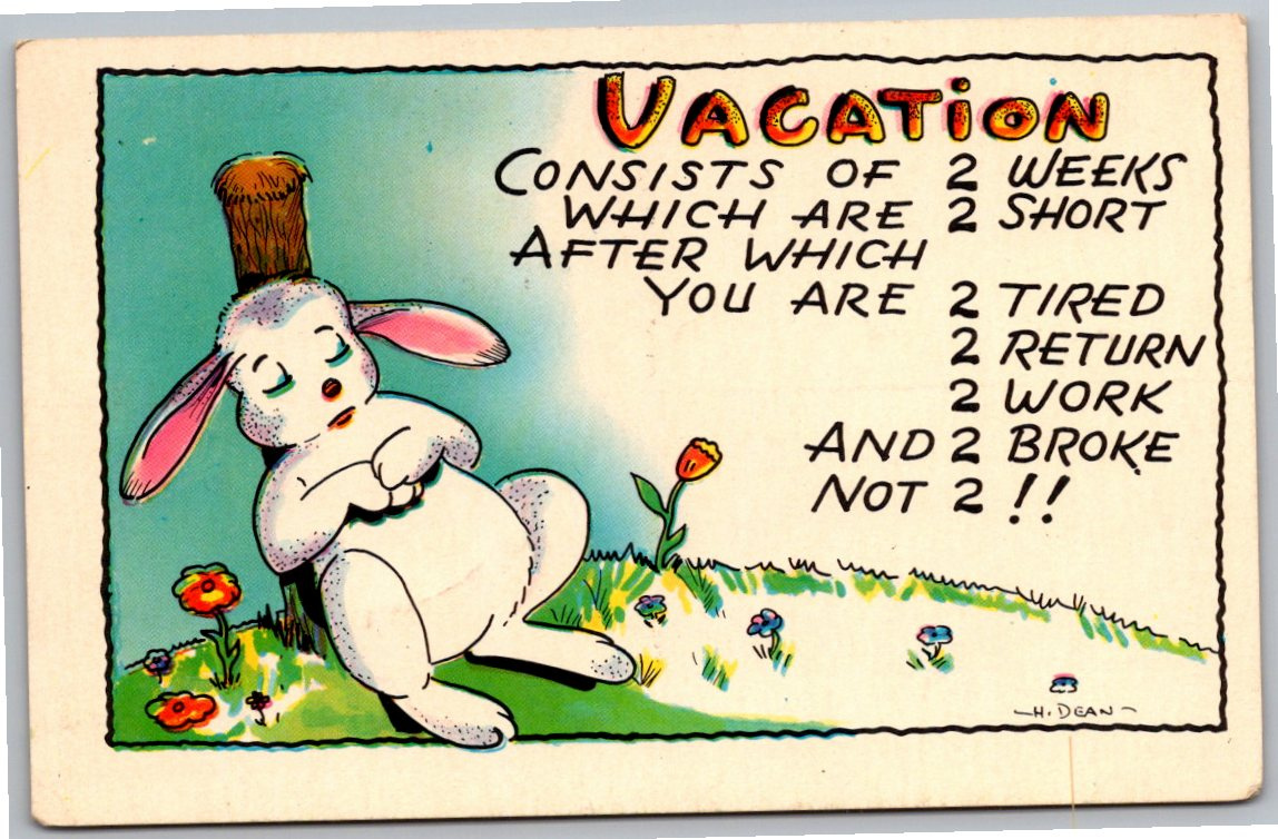 Vintage 1960s H. Dean Comic Sleeping Bunny Plastichrome Postcard