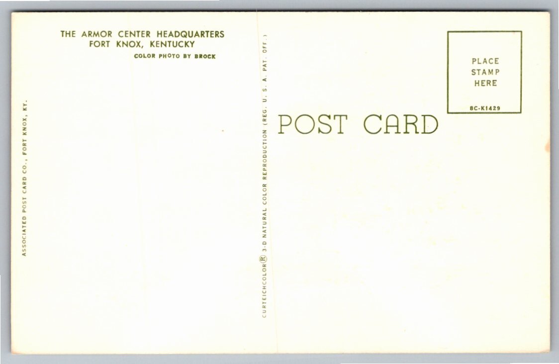 Vintage Fort Knox Armor Center Headquarters Postcard | KY History - Back / Reverse View