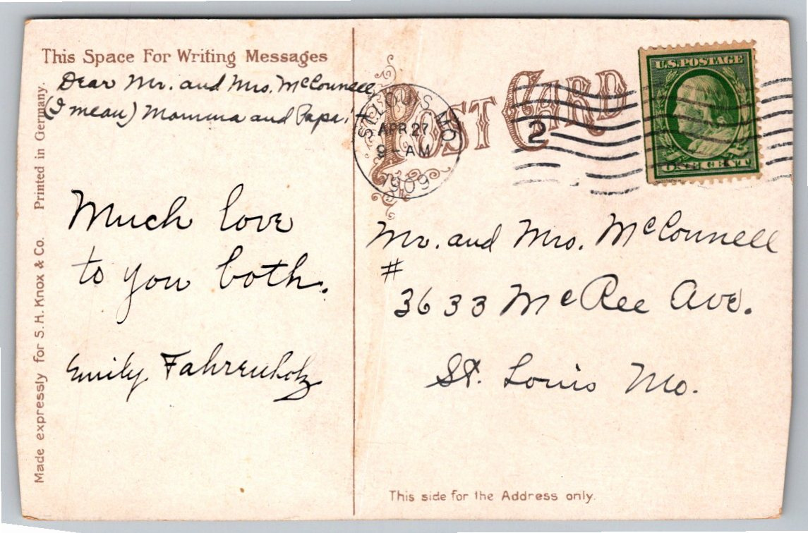 1909 St. Louis Westmoreland Gate Antique Postcard: Horse Carriage - Back / Reverse View