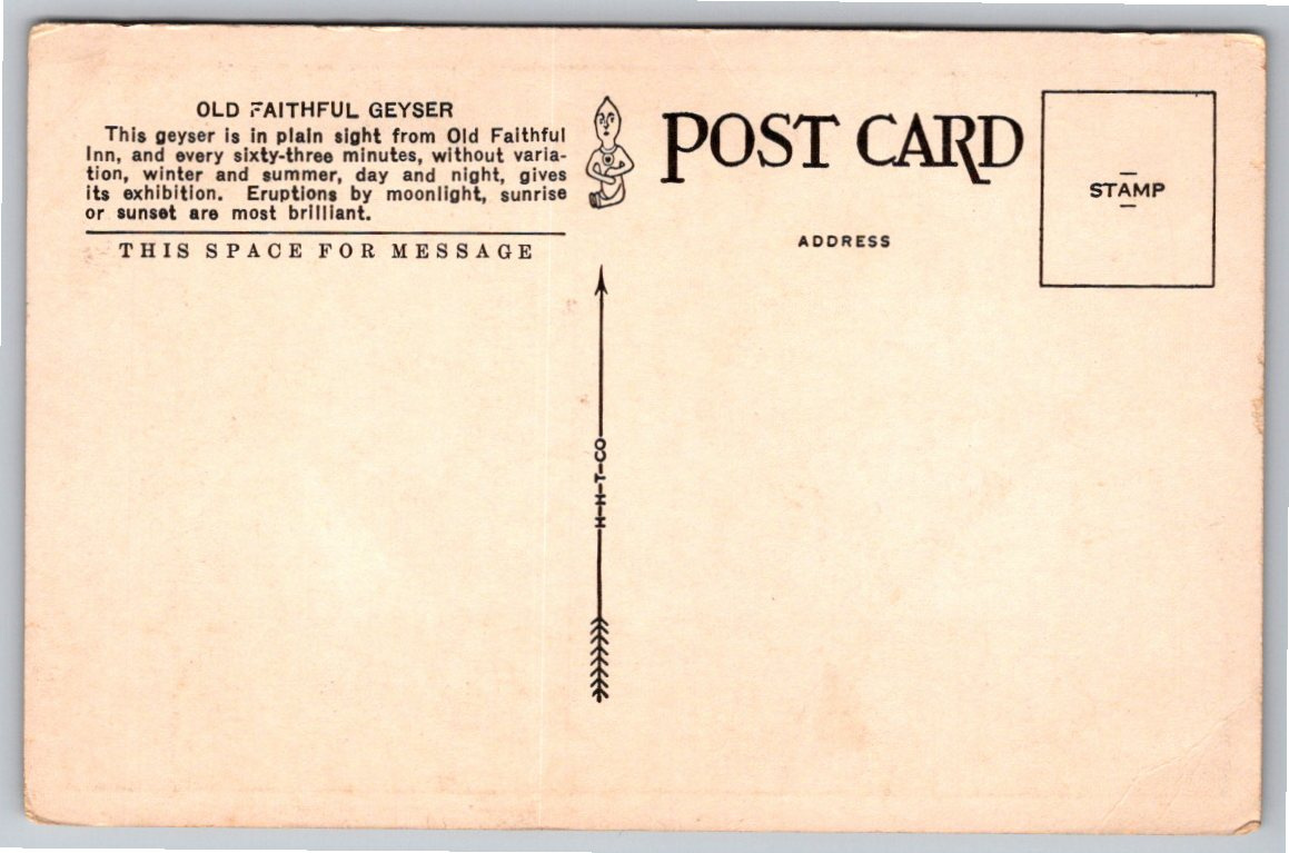 Antique 1910s Old Faithful Geyser Moonlight Yellowstone Postcard - Back / Reverse View