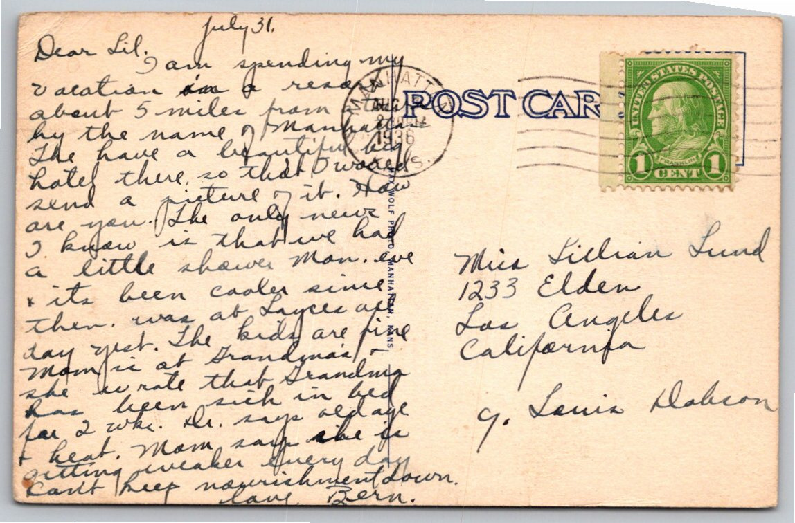 Vintage 1936 Hotel Wareham Postcard Manhattan Kansas US Route 40 - Back / Reverse View