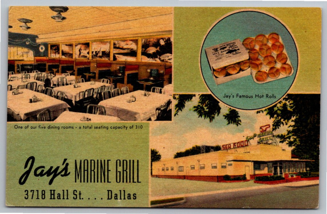 Vintage 1940s Jay's Marine Grill Restaurant Postcard Dallas Texas