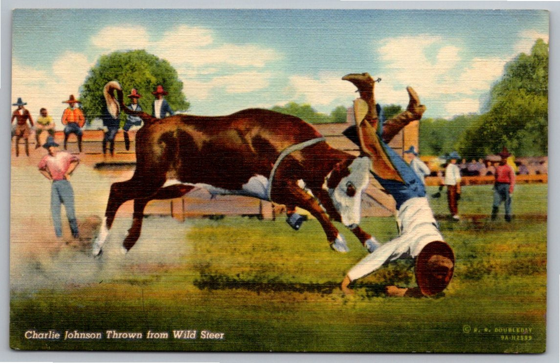 Vintage 1939 Rodeo Postcard: Charlie Johnson Thrown from Wild