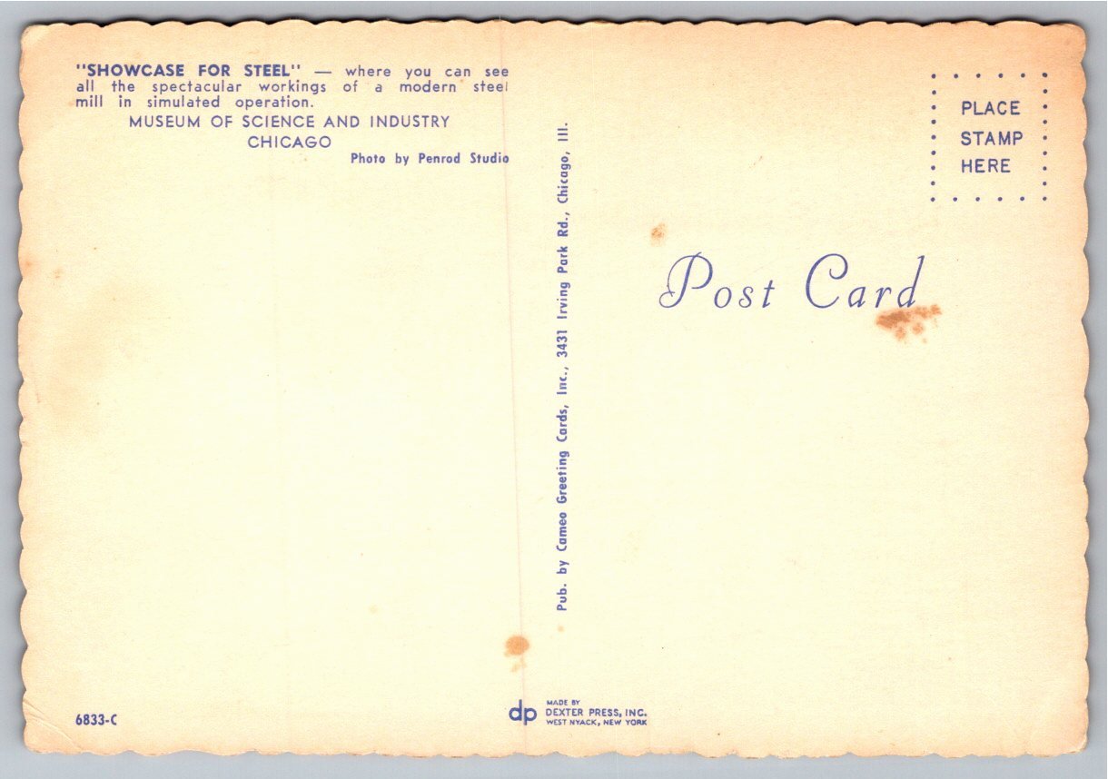 Vintage Chicago Museum of Science & Industry Steel Postcard - Back / Reverse View