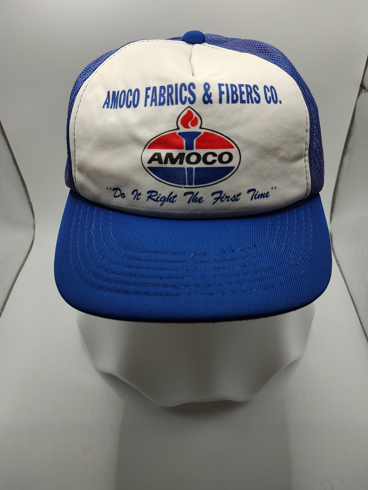 Vintage Amoco Fabrics & Fibers Blue Mesh Snapback Trucker Cap