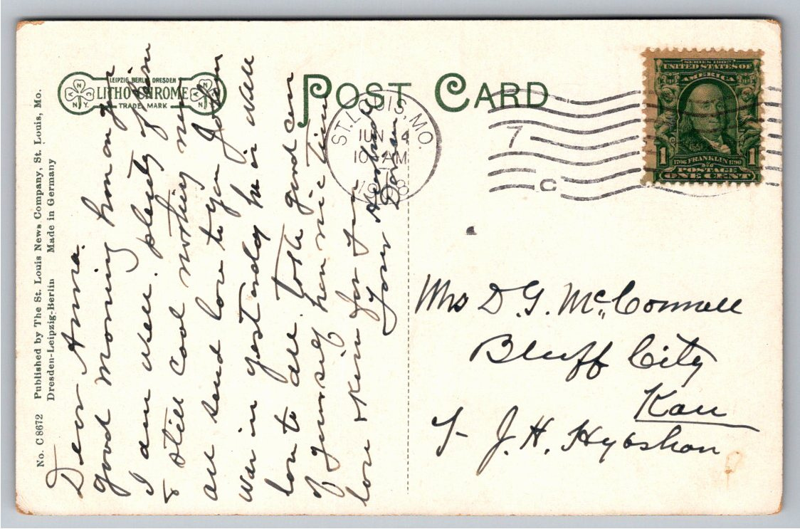 1908 Tower Grove Park Postcard: St. Louis Lindell Hotel Ruins - Back / Reverse View