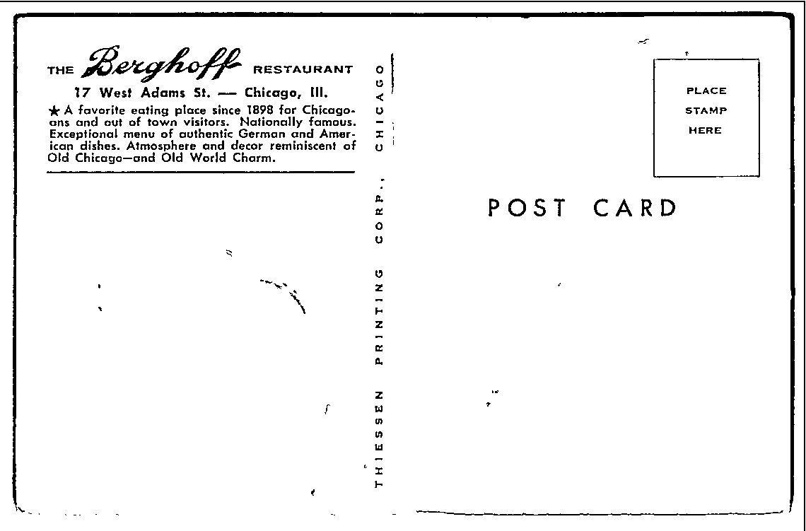 Vintage Chicago Postcard: The Berghoff Restaurant 17 W Adams St - Back / Reverse View