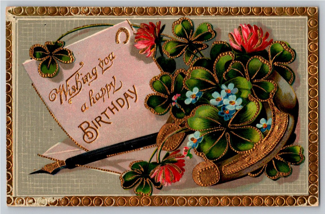 Antique 1900s Embossed Birthday Postcard Four Leaf Clover Saxony