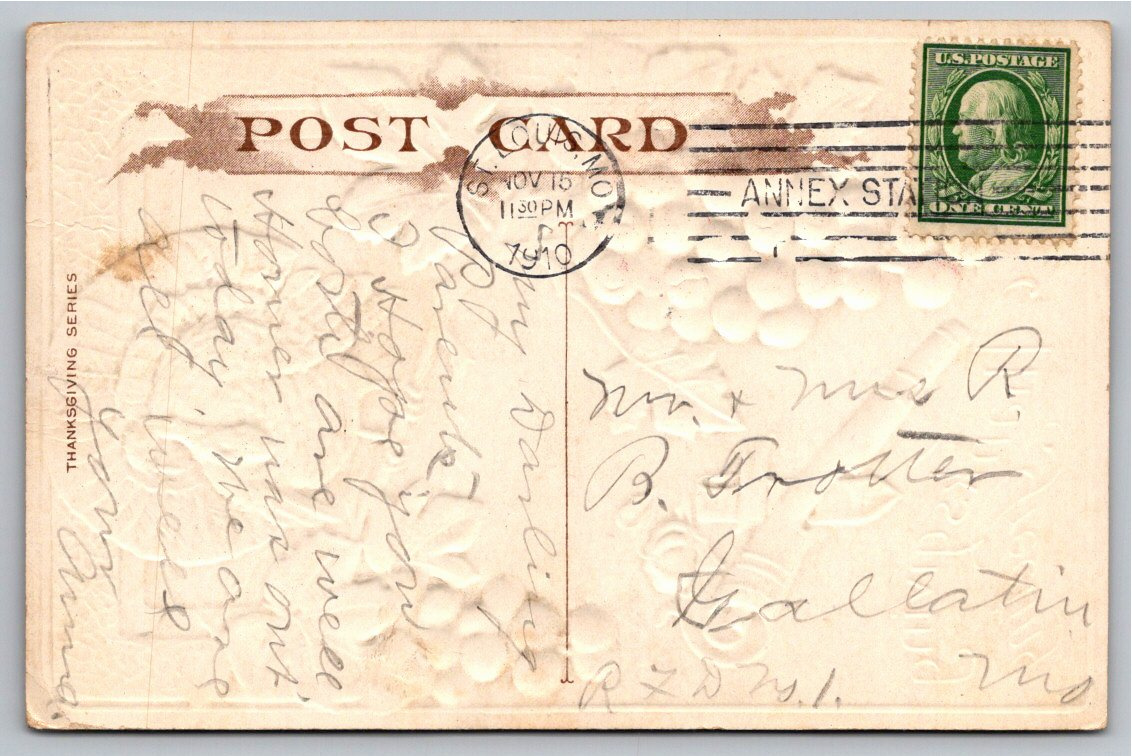 1910 Antique Embossed Thanksgiving Turkey & Harvest Vintage - Back / Reverse View