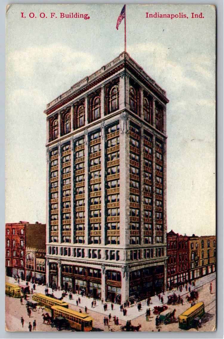 1910 IOOF Building Indianapolis Vintage Postcard with Streetcars