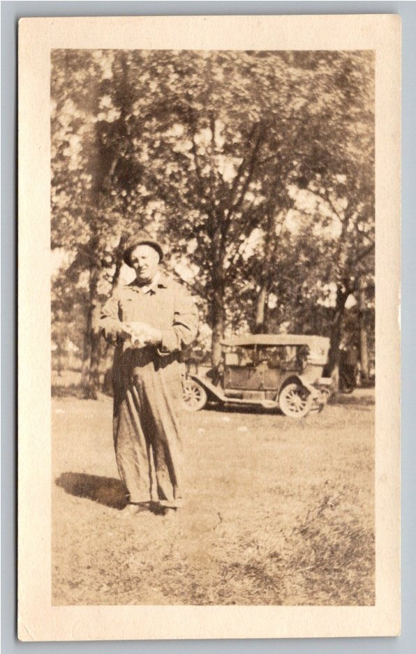 Antique 1920s Sepia Snapshot: Rural Farmer with Ford Model T Car
