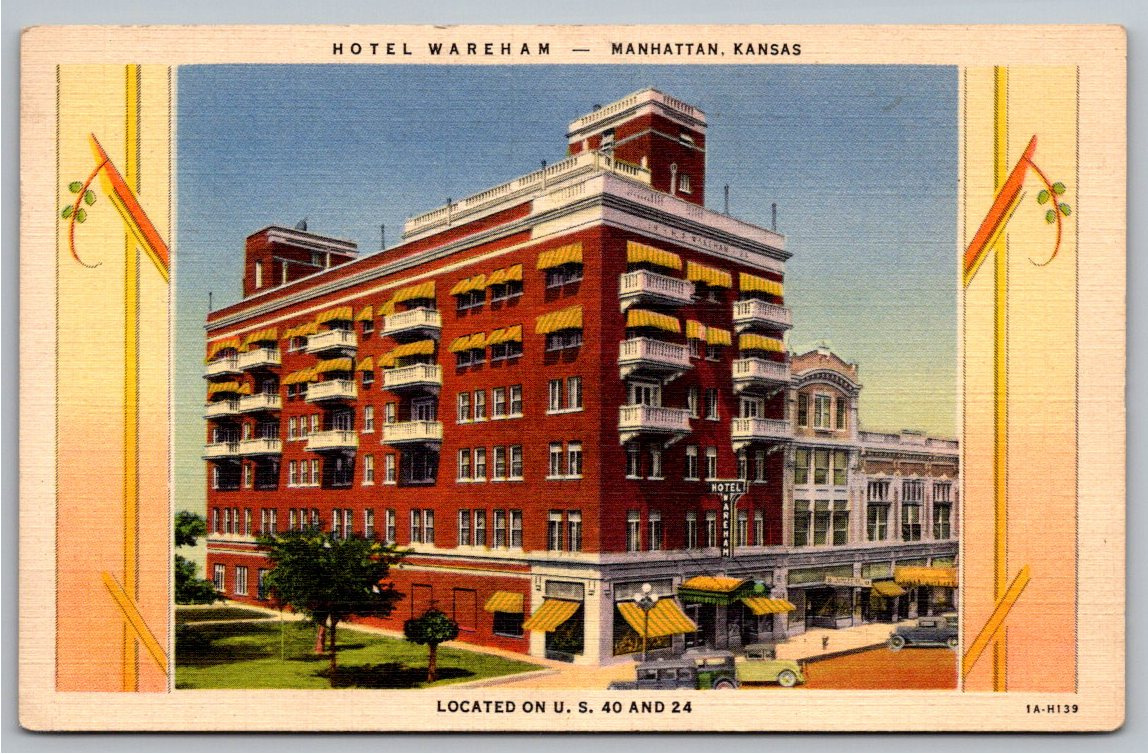1941 Hotel Wareham Manhattan, Kansas Vintage Linen Postcard