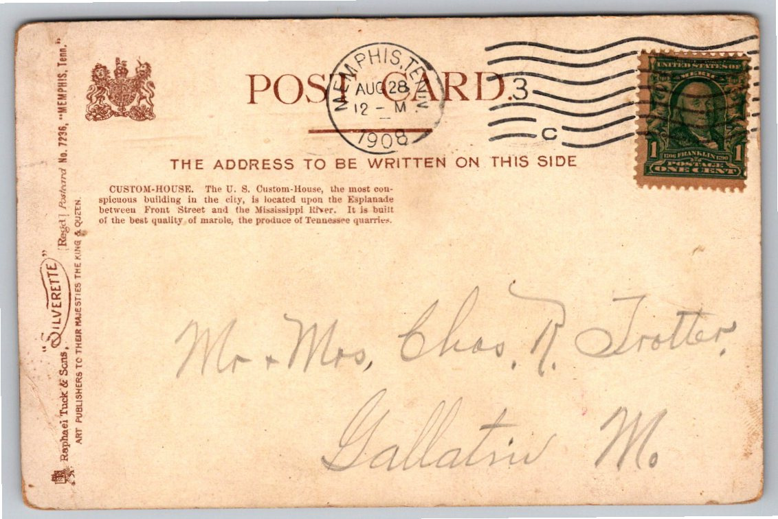 1908 Memphis Tennessee Custom House Raphael Tuck Silverette - Back / Reverse View