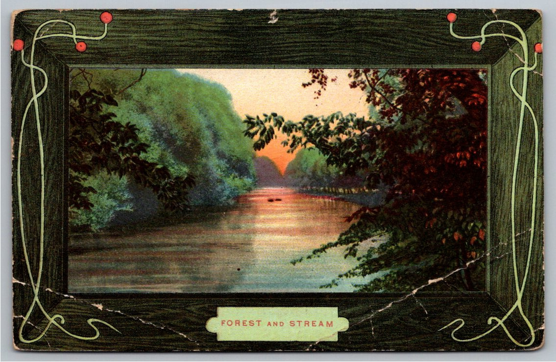 Antique 1909 Forest and Stream Art Nouveau River Sunset Postcard