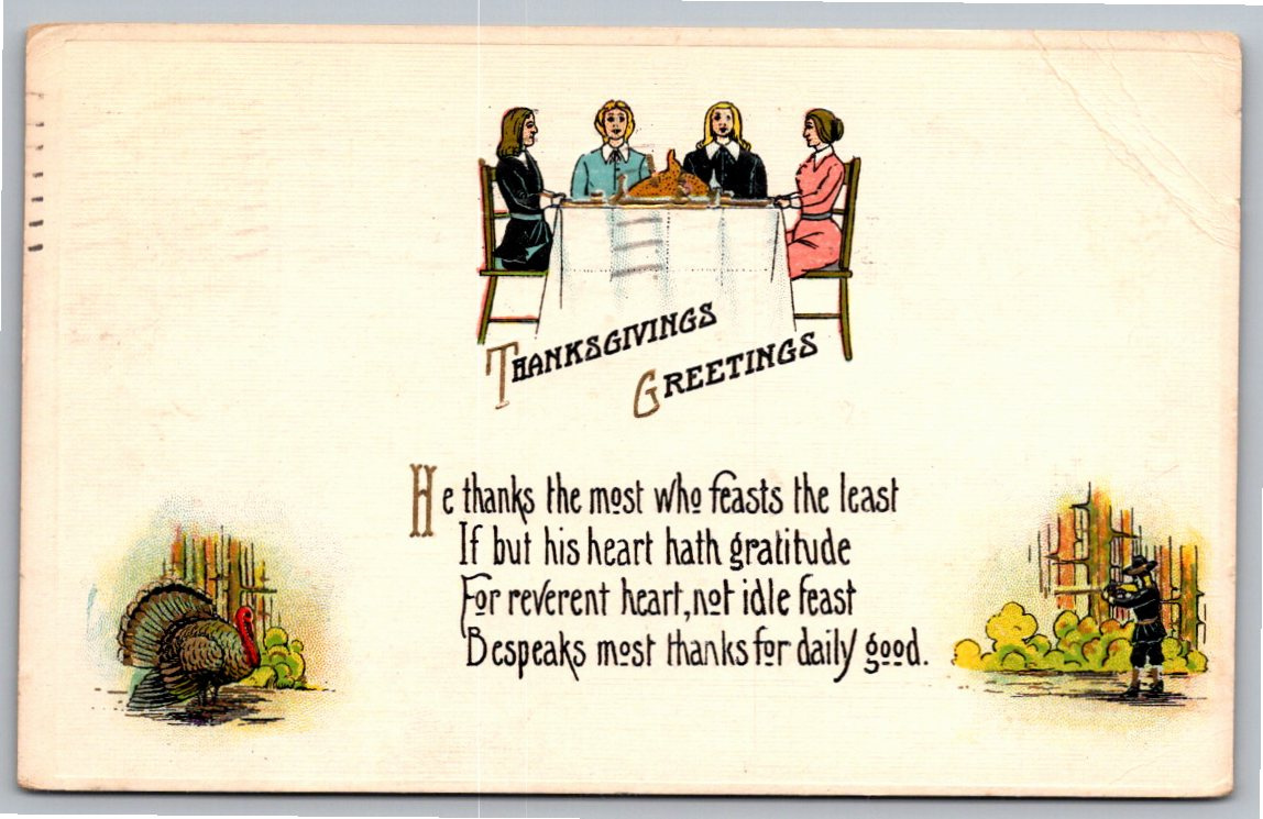 Antique 1914 Thanksgiving Postcard: Pilgrim Family Dinner & Poem