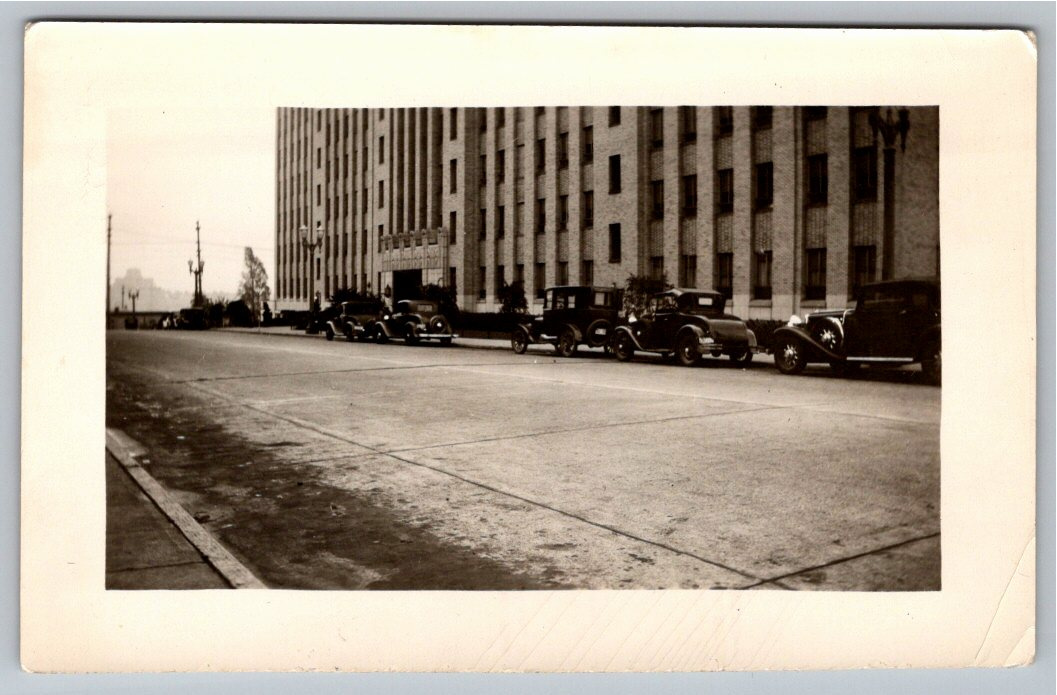 Vintage 1930s Seattle Civic Building & Parked Cars Photo